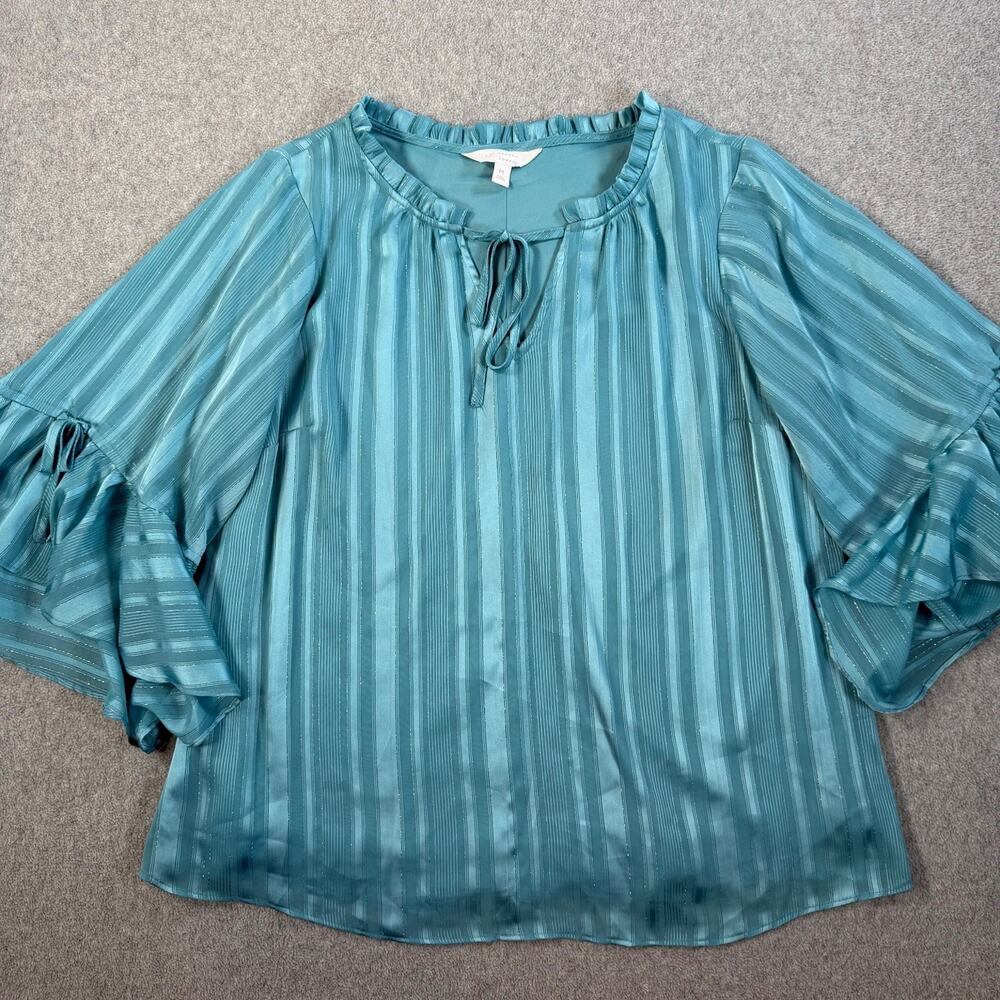 Lauren Conrad Women's Medium Teal Shimmer Stripe Ruffle Tie Neck Bell Sleeve Top
